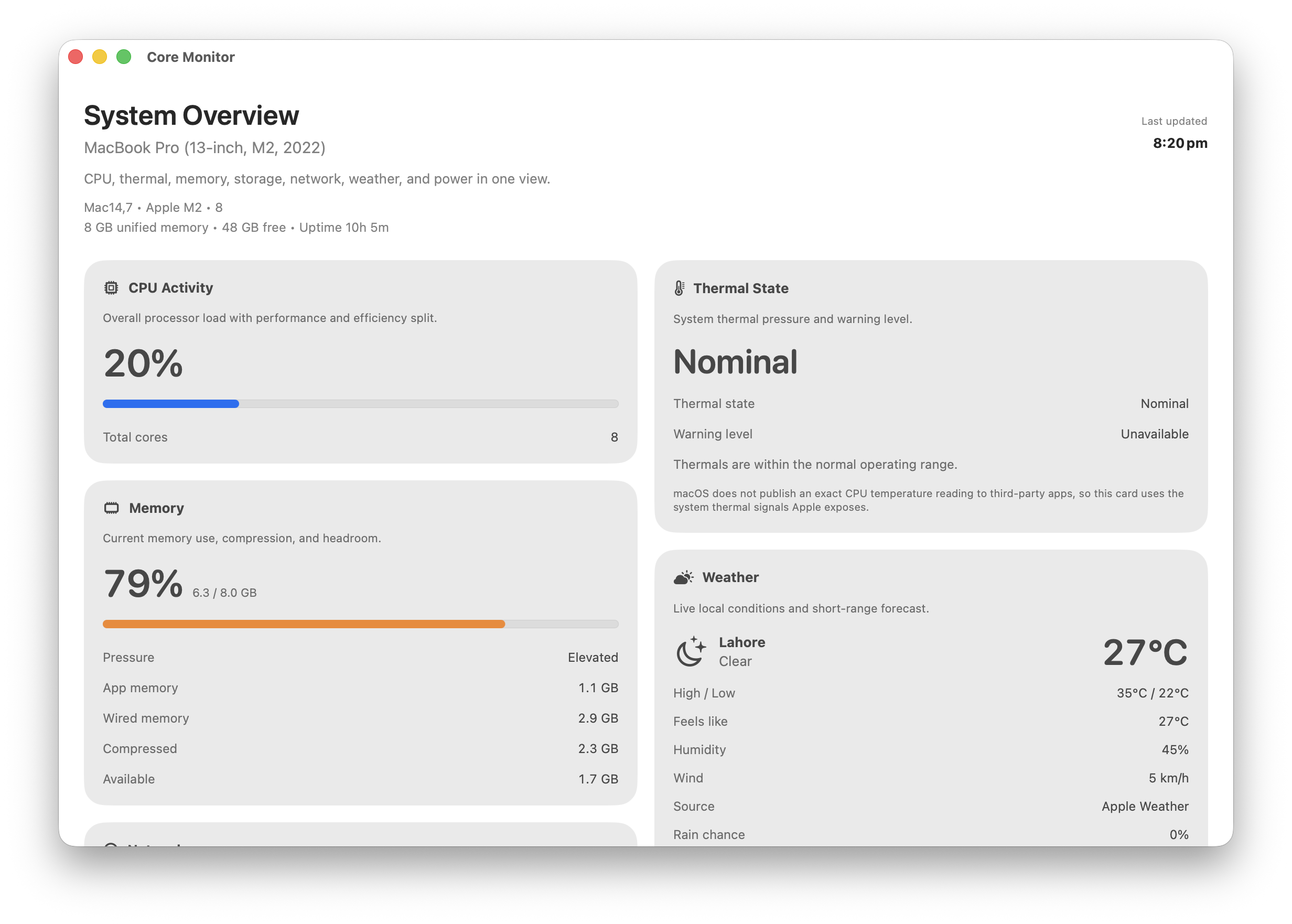 App Store edition dashboard with CPU activity, memory, thermal state and weather cards.