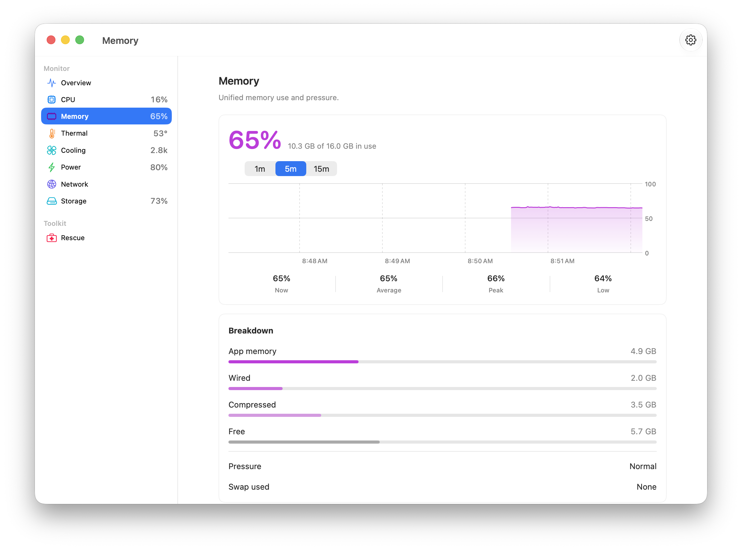 Memory screen with usage history and a pressure breakdown.