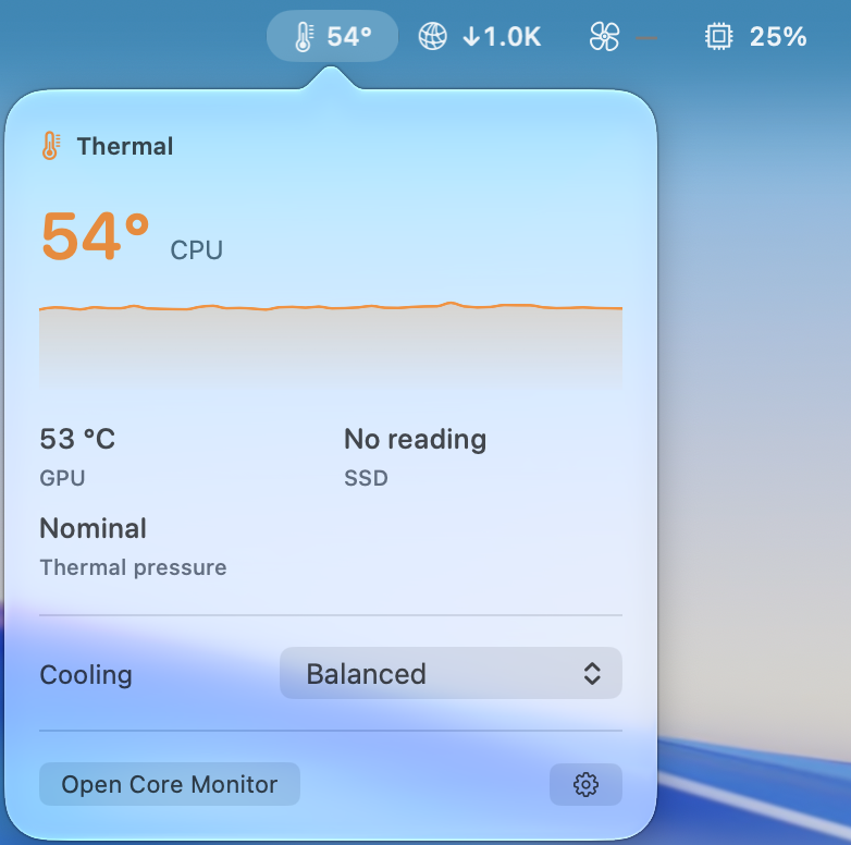 Thermal panel opened from the menu bar.